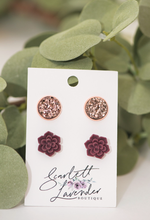 Load image into Gallery viewer, Rose Gold Studs &amp; Maroon Floral Earrings - Stainless Steel - Hypoallergenic
