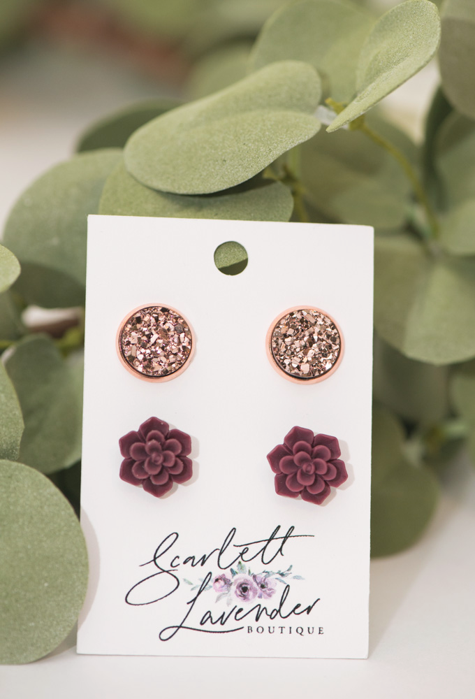 Rose Gold Studs & Maroon Floral Earrings - Stainless Steel - Hypoallergenic