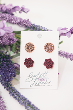 Load image into Gallery viewer, Rose Gold Studs &amp; Maroon Floral Earrings - Stainless Steel - Hypoallergenic
